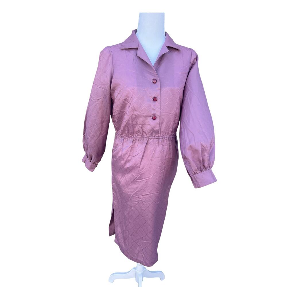 Women's Vintage Shirt Dress Button Collared Side Slit Long Sleeve Purple LARGE